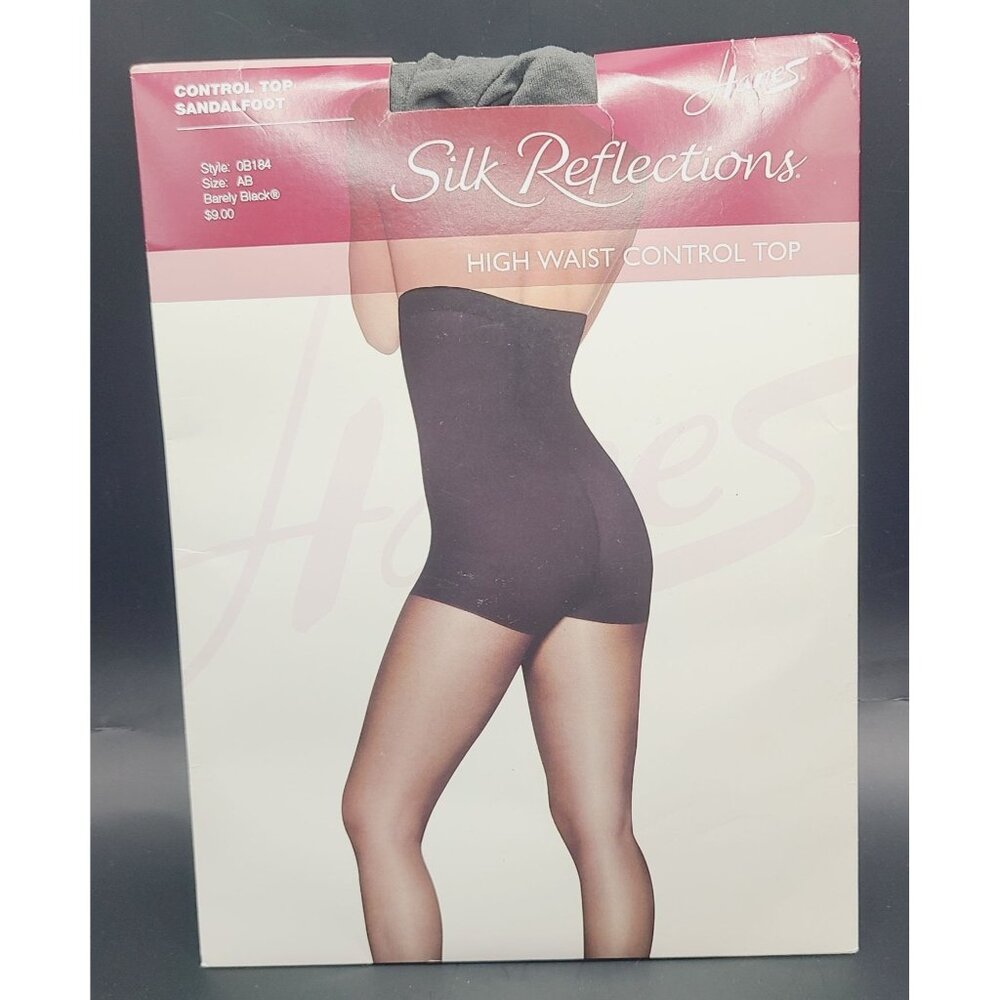Hanes Silk Reflections High Waist Control Top Pantyhose A/B Barely Black NOS